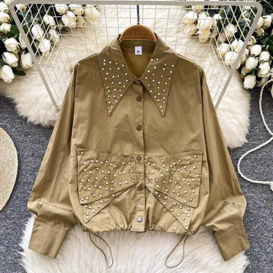 High quality long sleeve turn-down collar lace diamond beaded embroidery blouse