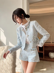 Elegant Women Autumn Shiny Sequined Diamonds Jacket Shorts Two Piece Set Slim Fit Party Outfits Office Ladies Work Matching Sets