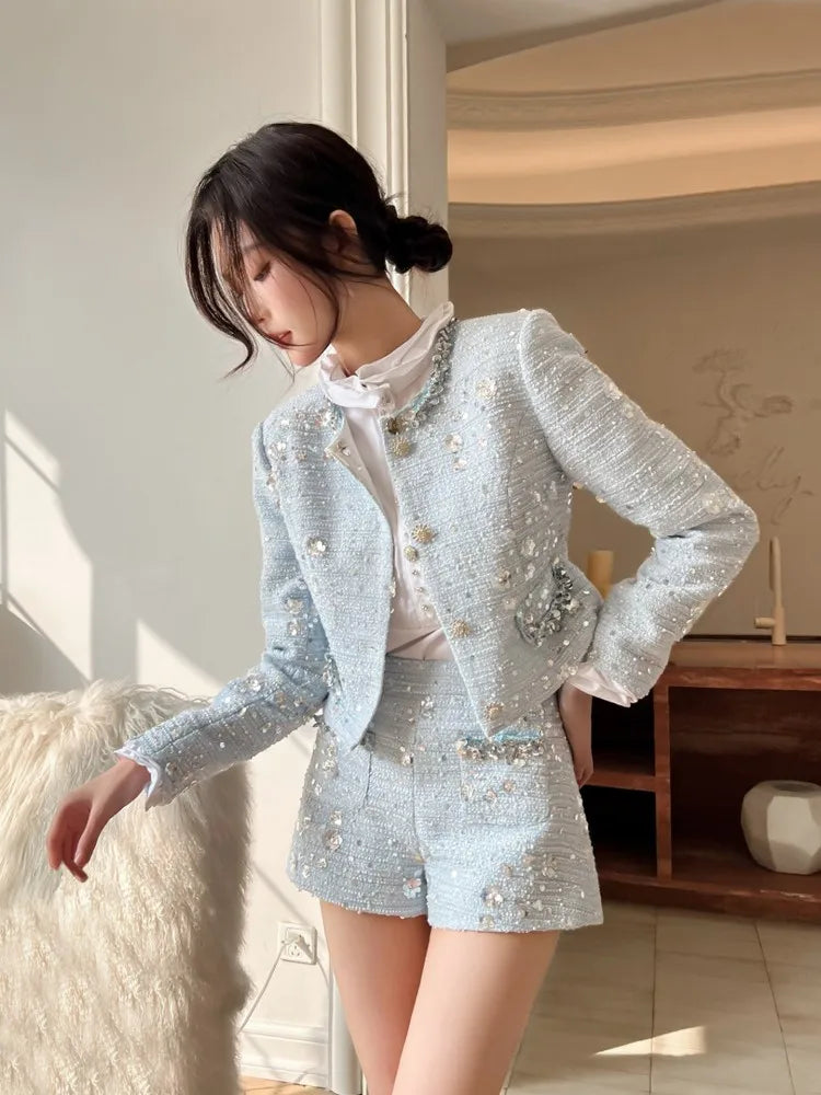 Elegant Women Autumn Shiny Sequined Diamonds Jacket Shorts Two Piece Set Slim Fit Party Outfits Office Ladies Work Matching Sets