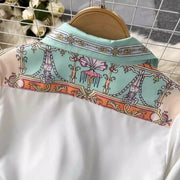 Summer Cartoon 2 Pieces Set Women Turn Down Collar Long Sleeve Two Pockets Chiffon Shirt Top + Irregular Vintage Mini Skirt Suit