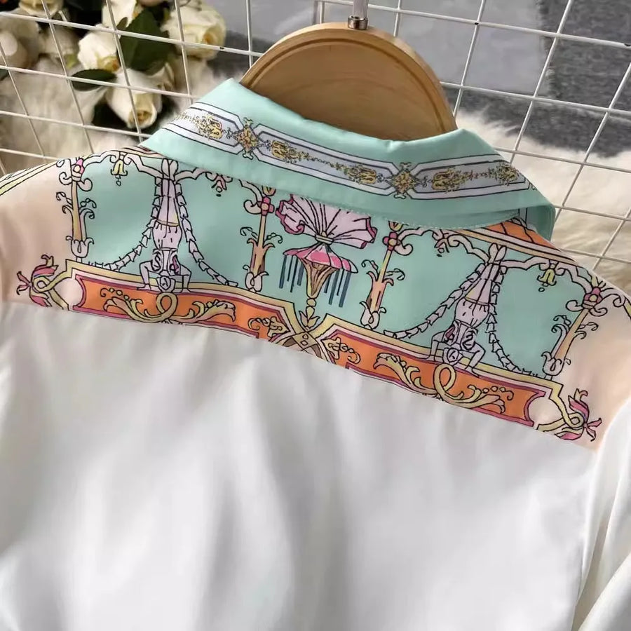 Summer Cartoon 2 Pieces Set Women Turn Down Collar Long Sleeve Two Pockets Chiffon Shirt Top + Irregular Vintage Mini Skirt Suit