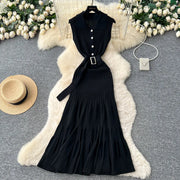Ribbed Knit Dress Sleeveless Lapel Belt French Ins Chic Spring Summer Celebrity Style Feminine A-line Long Dress