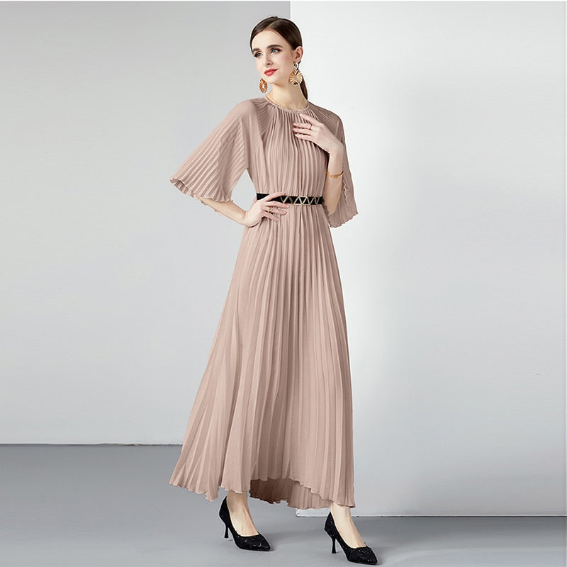 High Quality Printed Round Neck Lace Up Belt Maxi Pleated Long Dress