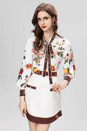 Fashion Designer Elegant Floral Print Skirt Set Women's Lantern Sleeve Frenulum Slim Top+Mini Skirt 2 Pieces Set