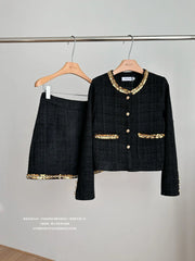 Small fragrance female high-grade single-breasted short coat temperament high-waist skirt two-piece