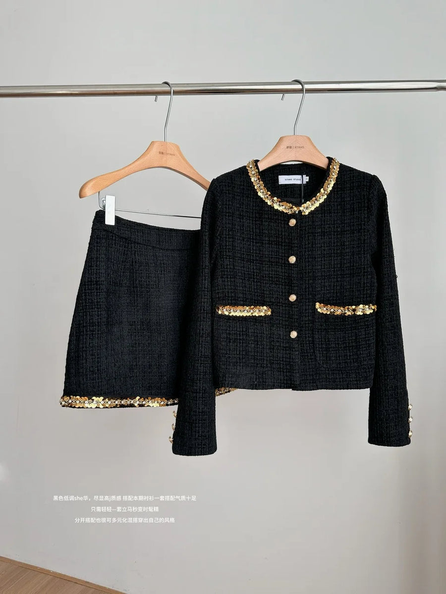 Small fragrance female high-grade single-breasted short coat temperament high-waist skirt two-piece