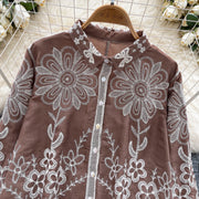 Basic loose long-sleeved polo-neck blouse embroidered with flowers and French-style hook