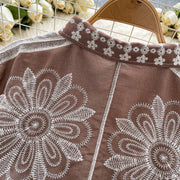 Basic loose long-sleeved polo-neck blouse embroidered with flowers and French-style hook