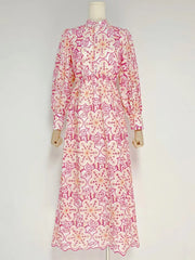 High Quality Flare Sleeve High Waist Ruched Color Printed Dresses