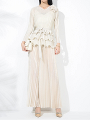 2-piece set of 3D flower pleated niche design lace-up T-shirt + loose elegant wide-leg pants