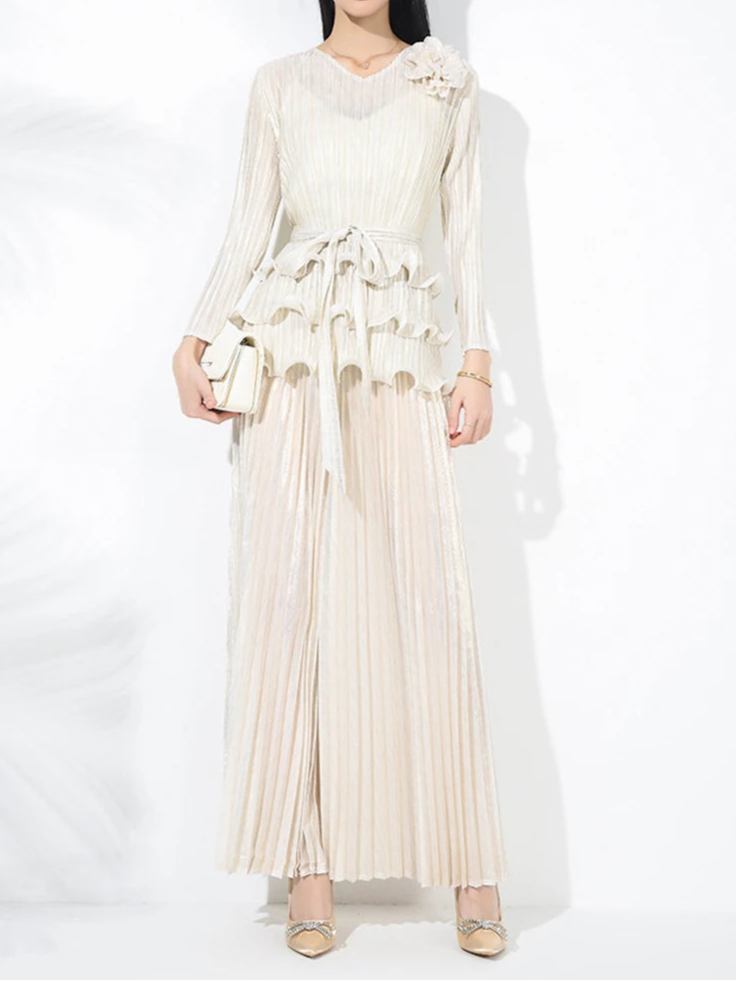 2-piece set of 3D flower pleated niche design lace-up T-shirt + loose elegant wide-leg pants