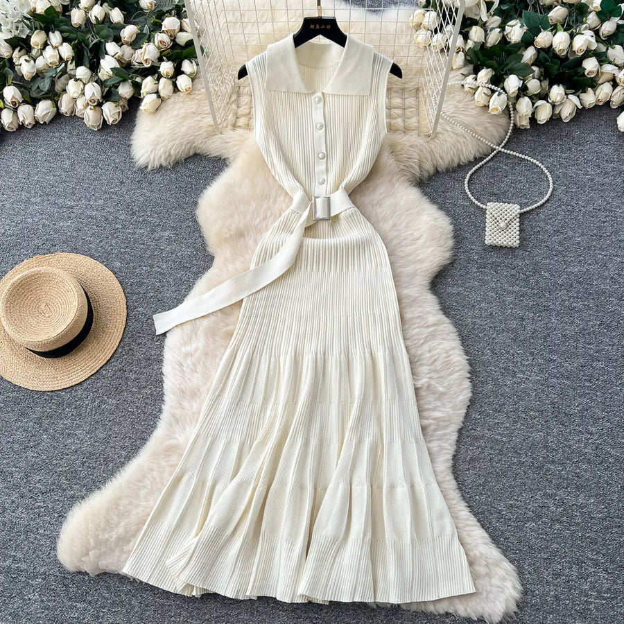 Ribbed Knit Dress Sleeveless Lapel Belt French Ins Chic Spring Summer Celebrity Style Feminine A-line Long Dress