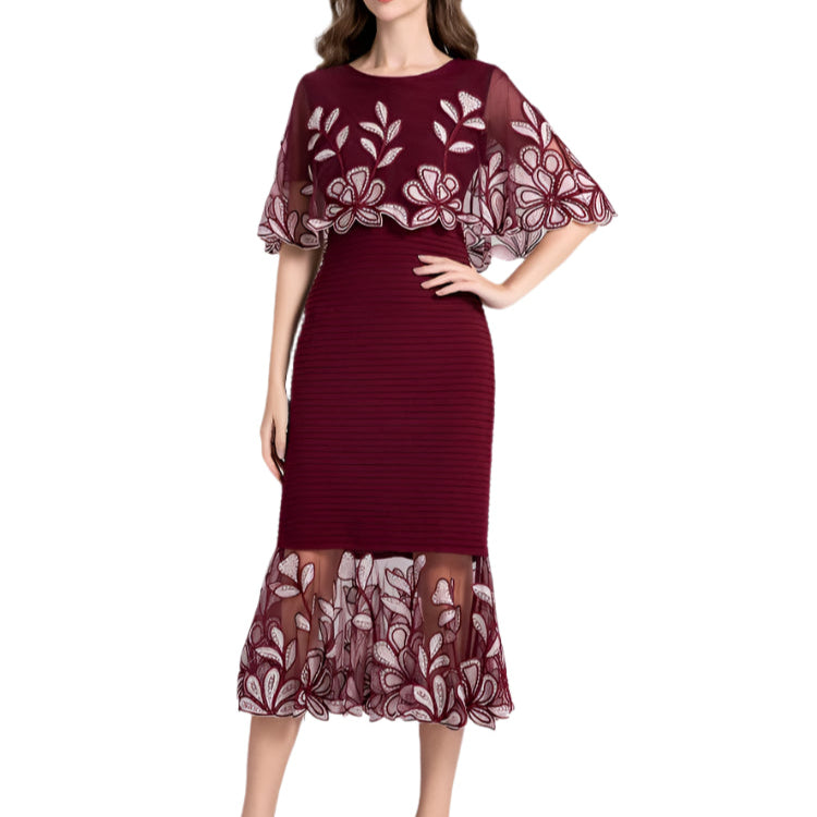 Cape dress with sleeve, flower embroidery, slim mesh, high quality elegant