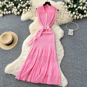 Ribbed Knit Dress Sleeveless Lapel Belt French Ins Chic Spring Summer Celebrity Style Feminine A-line Long Dress