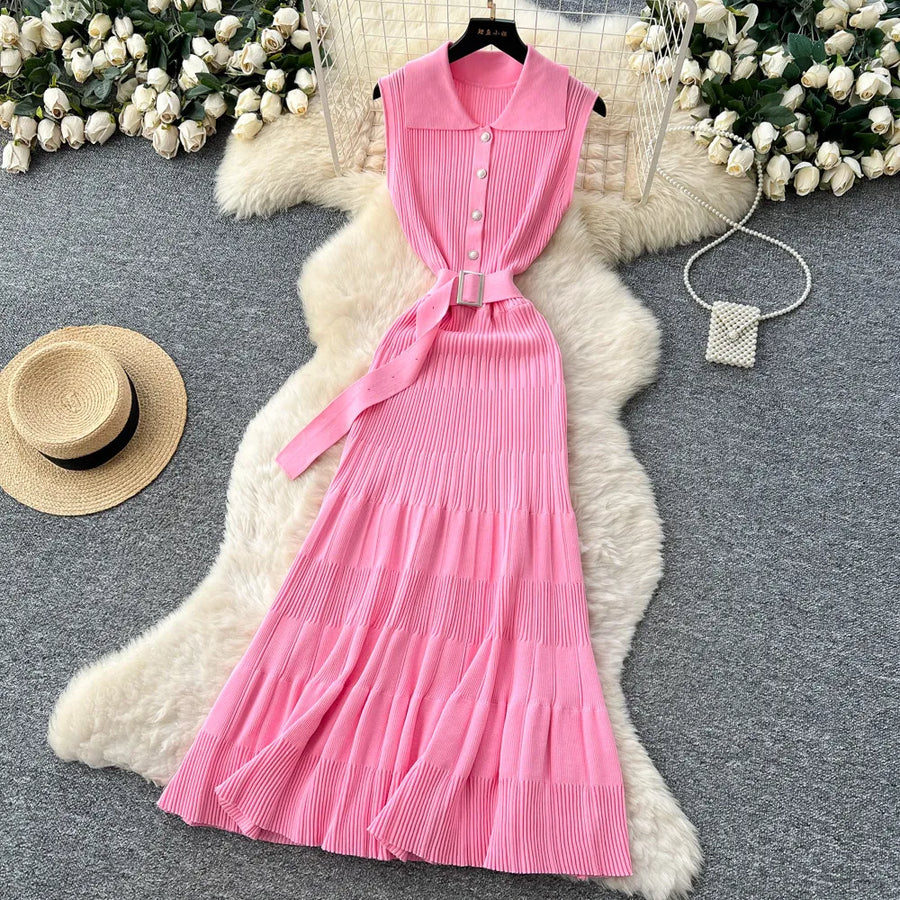 Ribbed Knit Dress Sleeveless Lapel Belt French Ins Chic Spring Summer Celebrity Style Feminine A-line Long Dress