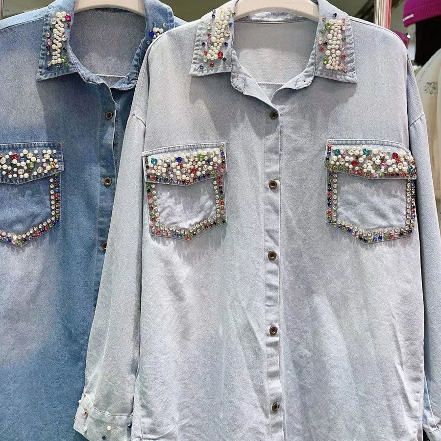 Women Rainbow Diamonds Denim Shirts Spring Summer Rhinestones Double Pockets Jeans Blouses Crystal Cowboy Cardigan Tops Blusas