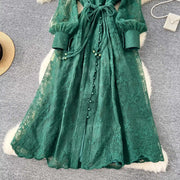 Luxury Embroidery Formal Dresses Women Summer Autumn Lantern Long Sleeve Lace Vestidos Pearl Prom Evening Birthday Dress Party