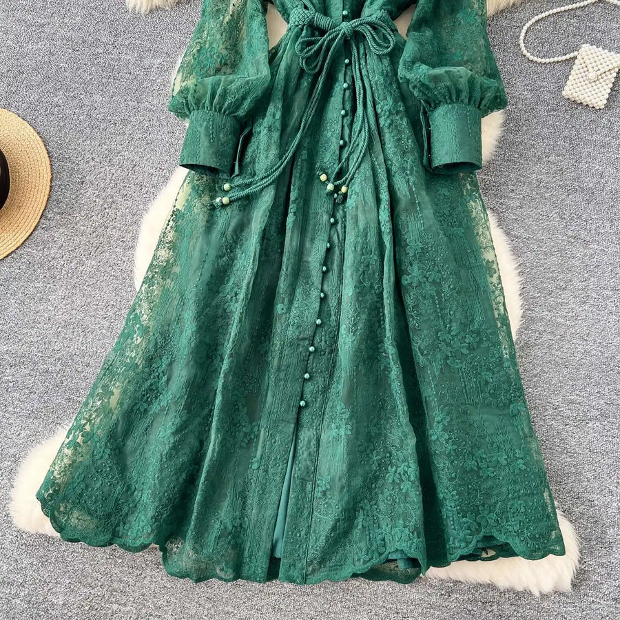 Luxury Embroidery Formal Dresses Women Summer Autumn Lantern Long Sleeve Lace Vestidos Pearl Prom Evening Birthday Dress Party