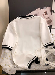 Patchwork Short Sleeve Round Neck Beaded Knitted T-shirt