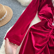 Velvet Dresses Elegant V Neck Vintage Long Sleeve Slim Pleated High Quality