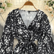 Retro Sweet V Neck Slim Lace -up Print Autumn Summer Elegant Elastic Dress A-line Long Sleeve Vacation Women Mermaid Dresses