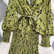 Retro Sweet V Neck Slim Lace -up Print Autumn Summer Elegant Elastic Dress A-line Long Sleeve Vacation Women Mermaid Dresses