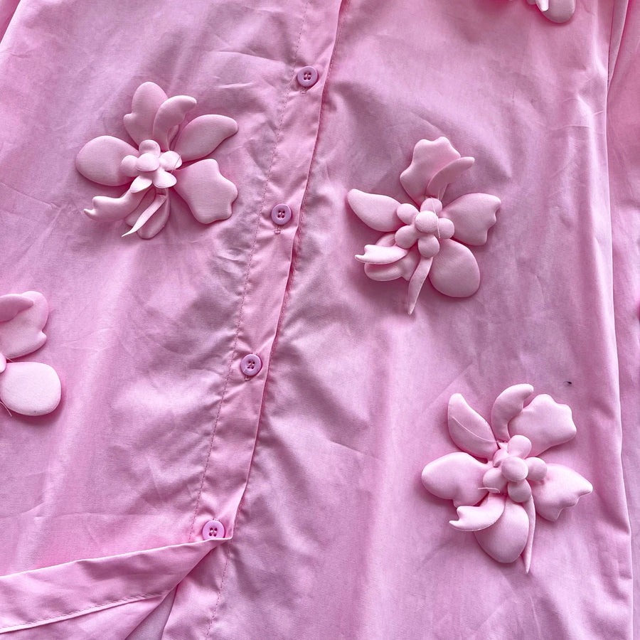 High-quality vintage high-neck loose blouse, elegant, long-sleeved, three-dimensional floral print