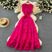 Sexy Hollow Out Embroidery Round Neck Sleeveless Bandage Long Dresses High Quality