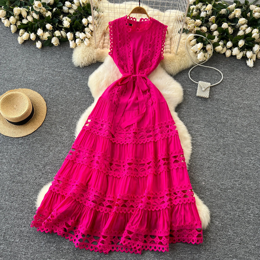 Sexy Hollow Out Embroidery Round Neck Sleeveless Bandage Long Dresses High Quality
