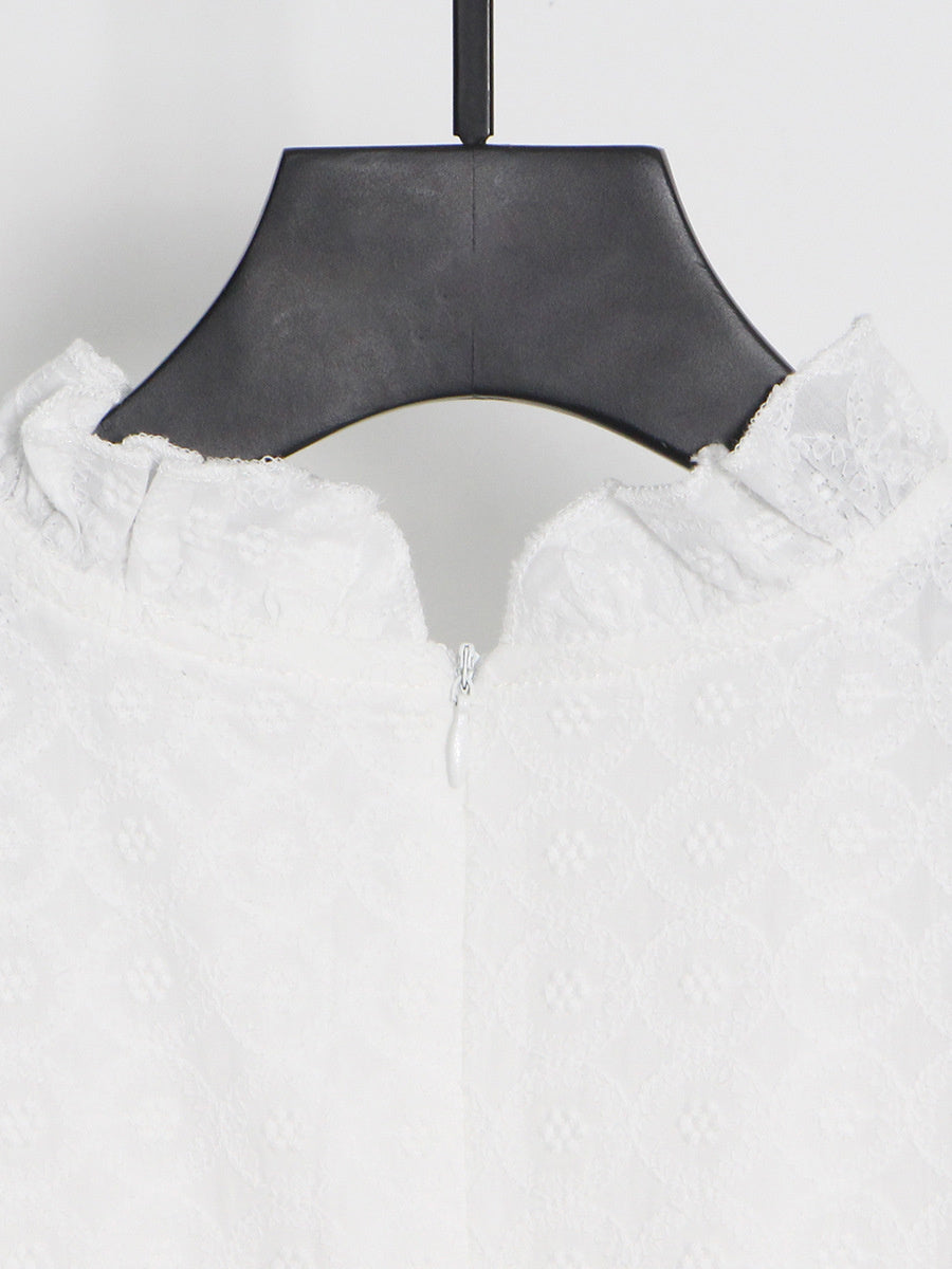 High Quality Stand Collar Long Sleeve Hole Embroidered Dress