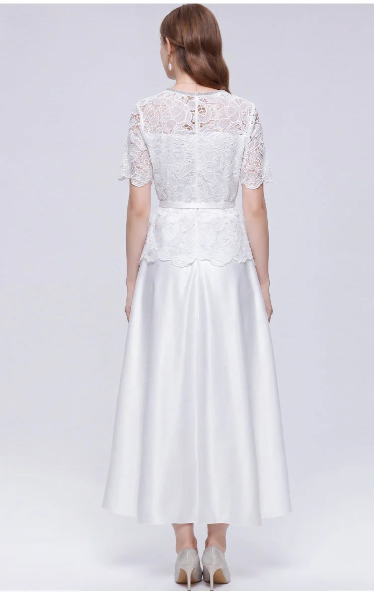 Elegant Beading Diamond Luxury Embroidery Prom Evening Dress Women Summer Short Sleeve Hollow Out Lace Patchwork Belt Long Dress