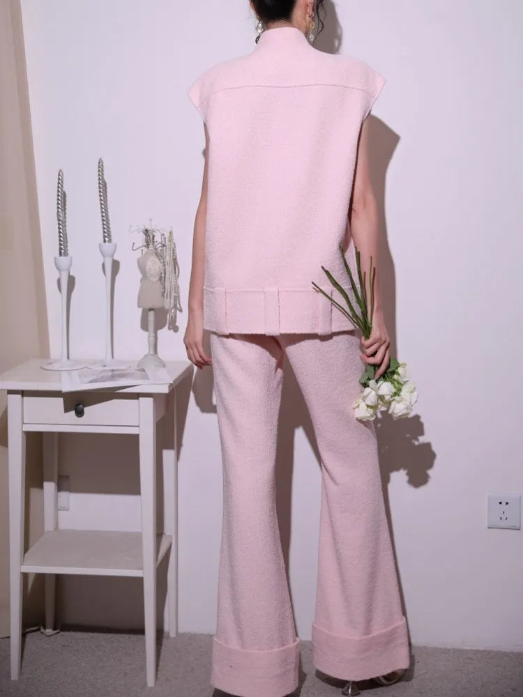 Sweet Pink Lace Collar Women Vest Sets Loose Fit Multi Pocket Sleeveless Jacket Two-Piece Set Full Length Wide Leg Pant Outfits
