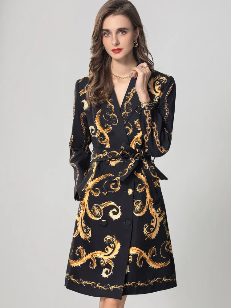 High quality vintage yellow flower print double breasted belt elegant coat.