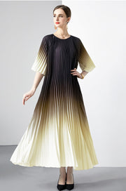High Quality Vintage Oversized Loose Gradient Belt Lace Up O Neck Pleated Long Dress