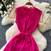 Sexy Hollow Out Embroidery Round Neck Sleeveless Bandage Long Dresses High Quality