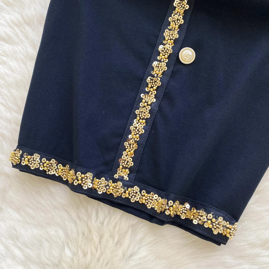 French V-neck, halterneck, backless short dress with fitted belt with high quality beads and sequins