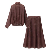 Vintage Polka Dot Women Sets Chiffon Bow Tie Loose Blouses Loose Long Skirts Fashion  Spring Summer Holiday Suits