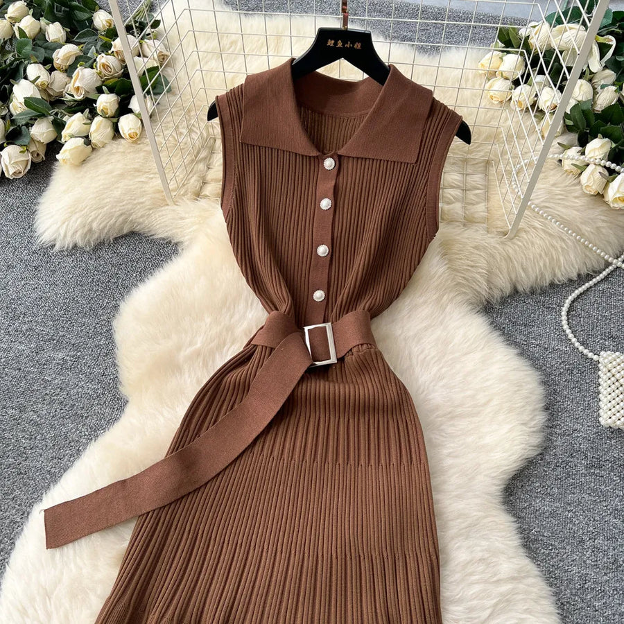 Ribbed Knit Dress Sleeveless Lapel Belt French Ins Chic Spring Summer Celebrity Style Feminine A-line Long Dress