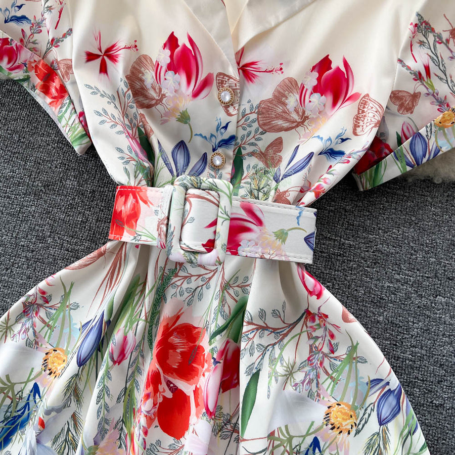 High Quality Belted Floral Print Short Sleeve Notched Neck Short Sleeve Vintage Flower Shirt Dress
