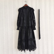 High Quality Vintage Flower Embroidery Lace Ruffled Puff Sleeve White Dress
