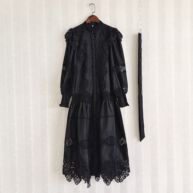 High Quality Vintage Flower Embroidery Lace Ruffled Puff Sleeve White Dress