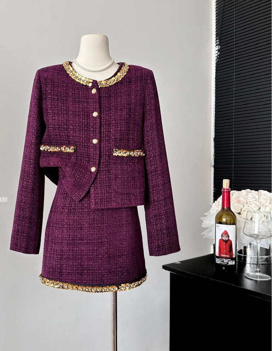 Small fragrance female high-grade single-breasted short coat temperament high-waist skirt two-piece