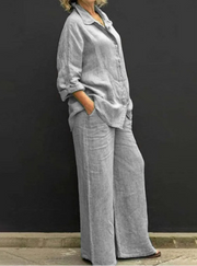 Casual Two Piece Set Cotton Linen Long Sleeve Shirt+Straight Pants
