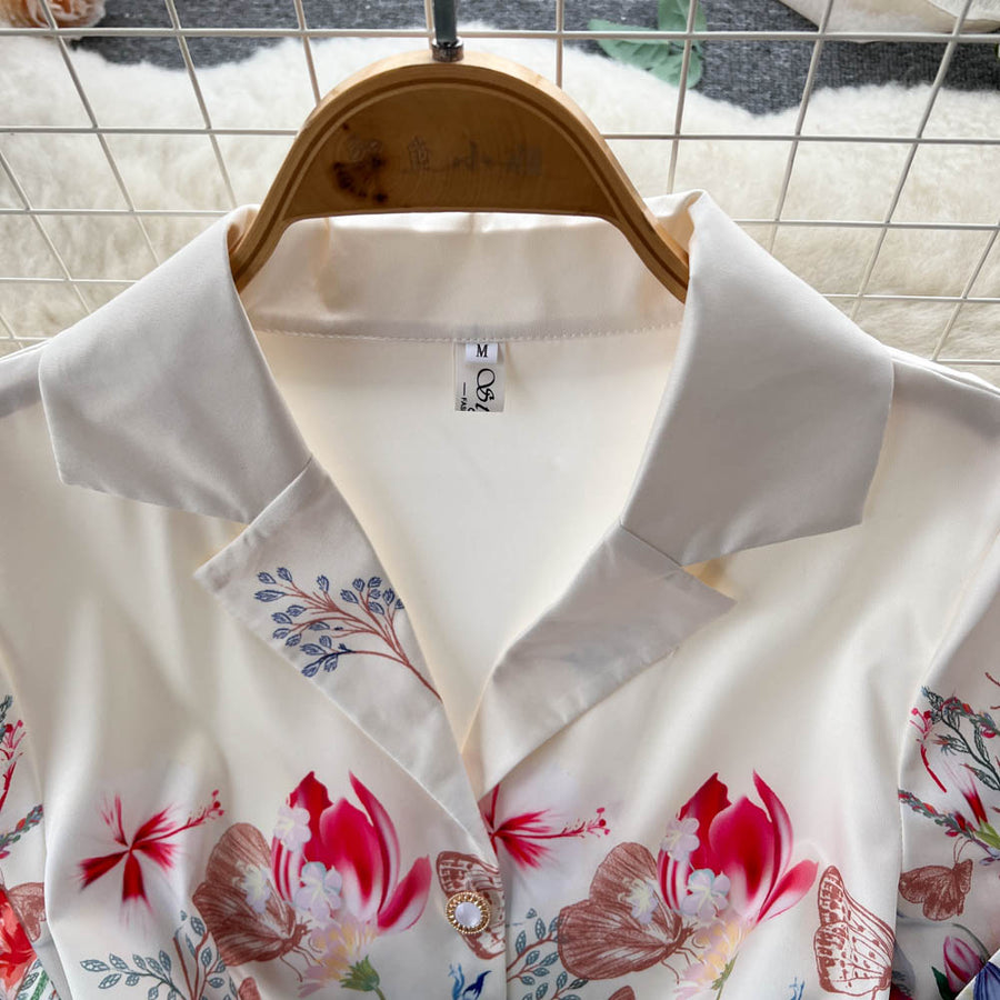 High Quality Belted Floral Print Short Sleeve Notched Neck Short Sleeve Vintage Flower Shirt Dress