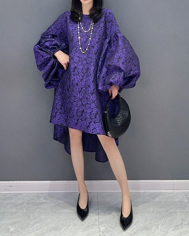 High Quality Oversized Purple Puff Sleeve Purple Elegant Dresses