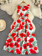 High Quality O Neck Sleeveless Floral Midi Dress
