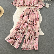 Autumn Women Draped Two Piece Set Bohemian Female Floral Pleated Short Blouse + High Waist Wide Leg Pants Chiffon Suit 2Pcs New