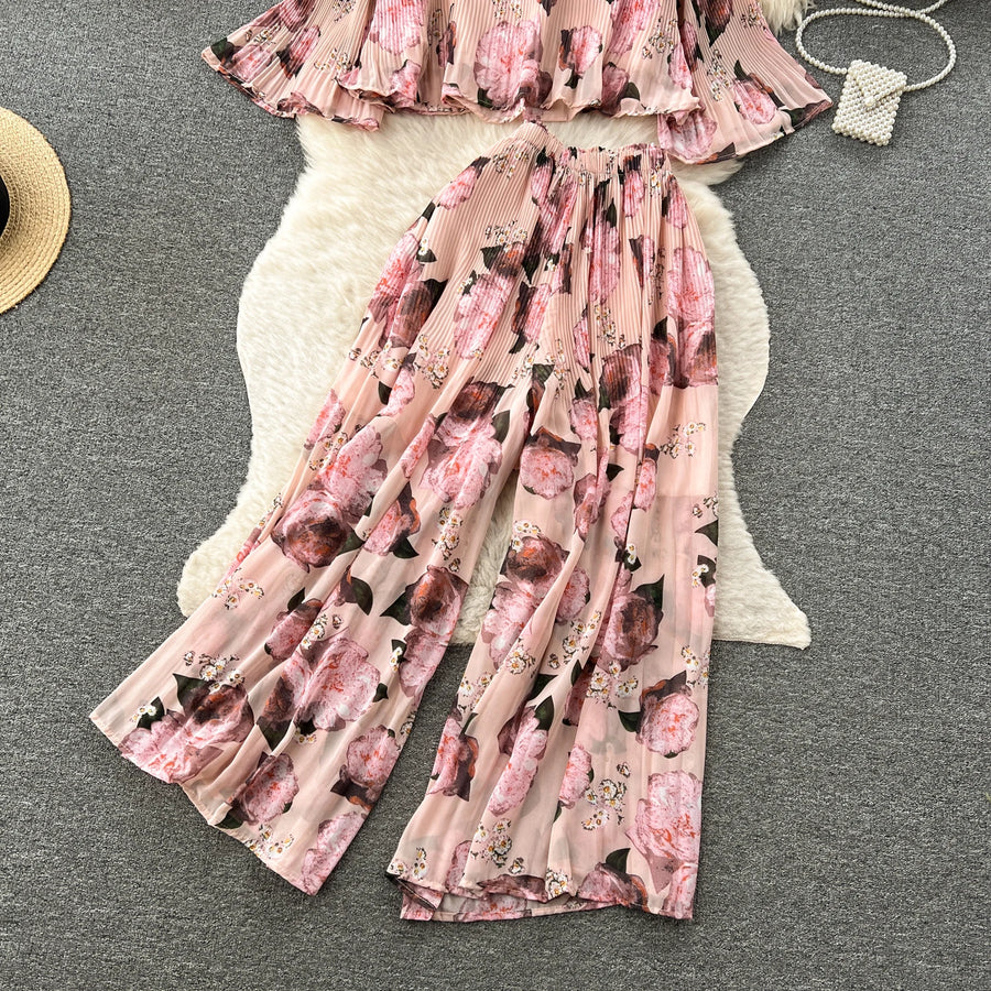 Autumn Women Draped Two Piece Set Bohemian Female Floral Pleated Short Blouse + High Waist Wide Leg Pants Chiffon Suit 2Pcs New