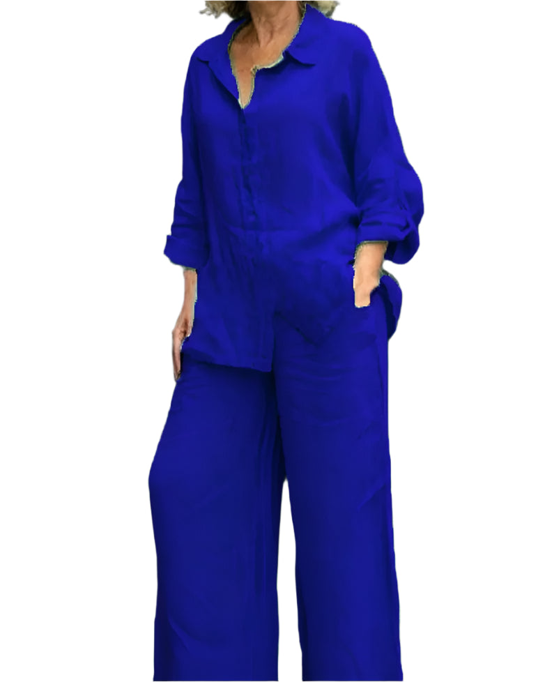 Casual Two Piece Set Cotton Linen Long Sleeve Shirt+Straight Pants