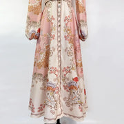 Floral print dress with long sleeves, high neck, and belt, high quality midi length
